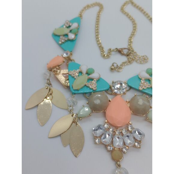 Turquoise Green Peach Clear Rhinestone Gold Tone Chain 16-19" Statement Necklace - Picture 5 of 7